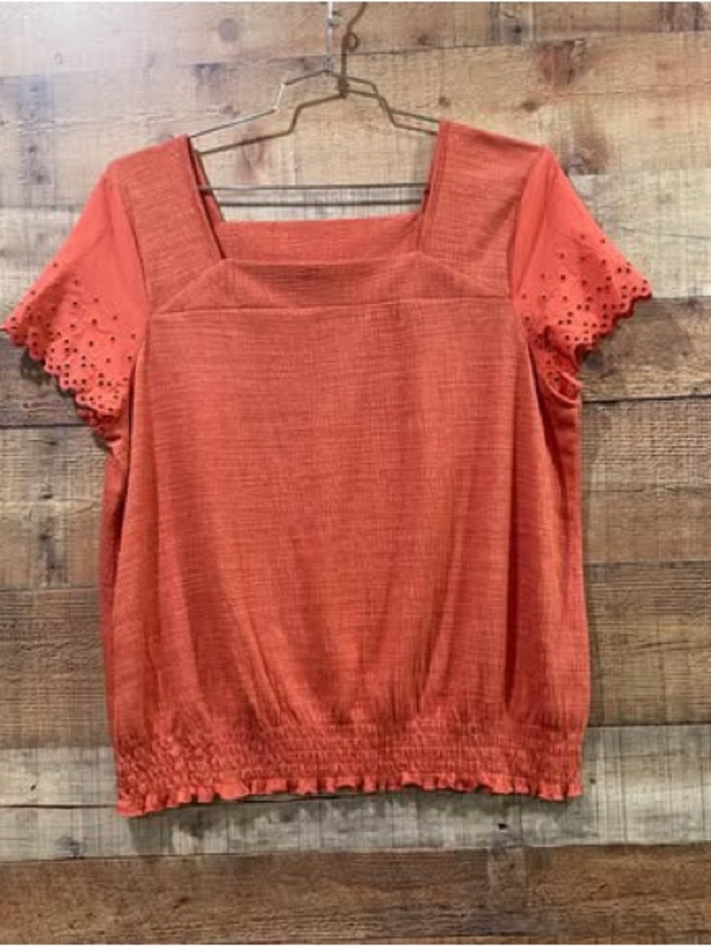 Retrology Square Neck Eyelet Sleeve Top in Coral Size XL